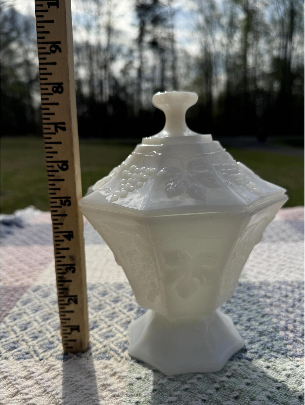 Vintage Milk Glass Candy Dish with Lid - Grape and Leaf Design